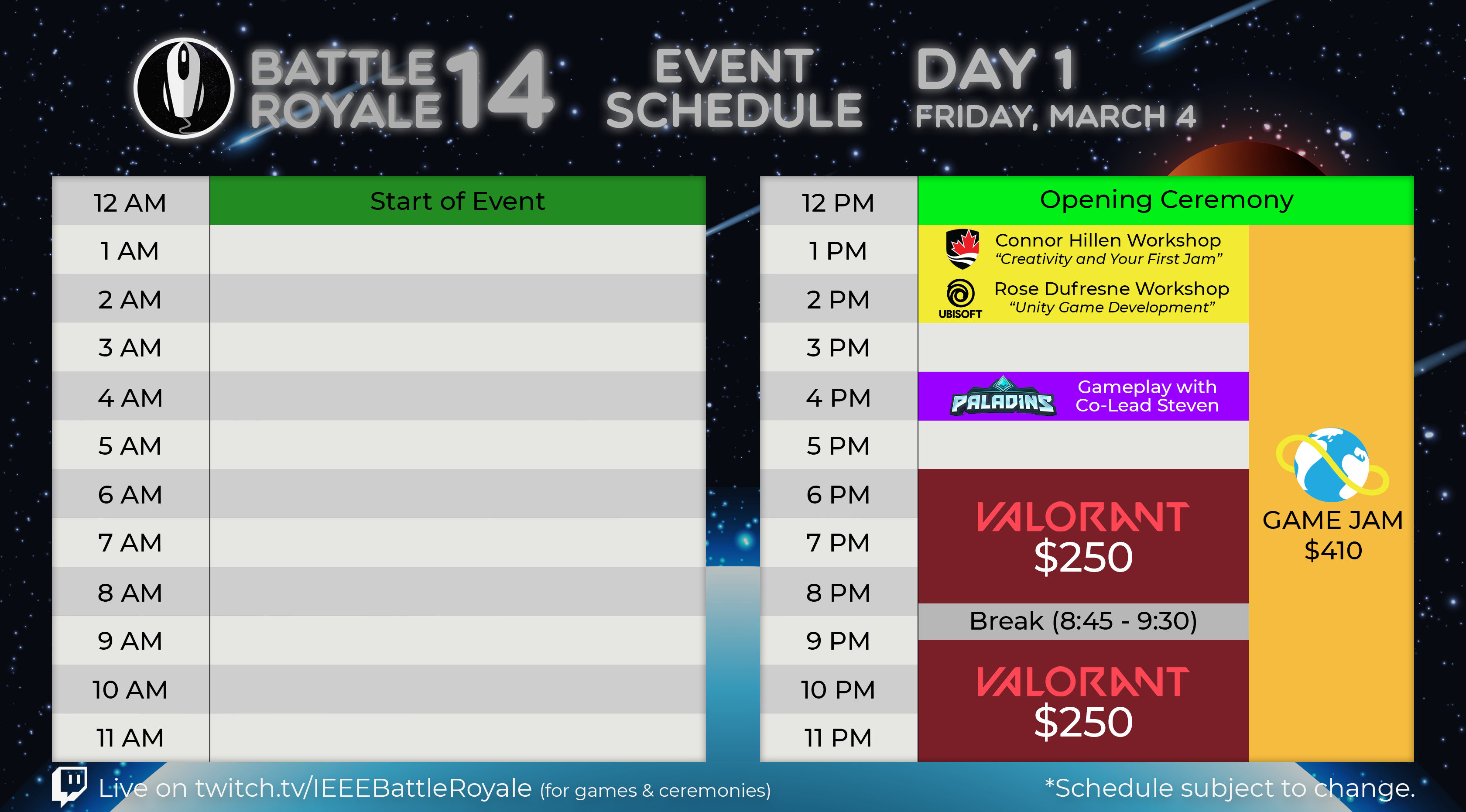 Day 1 schedule. Click the button below for spreadsheet.
