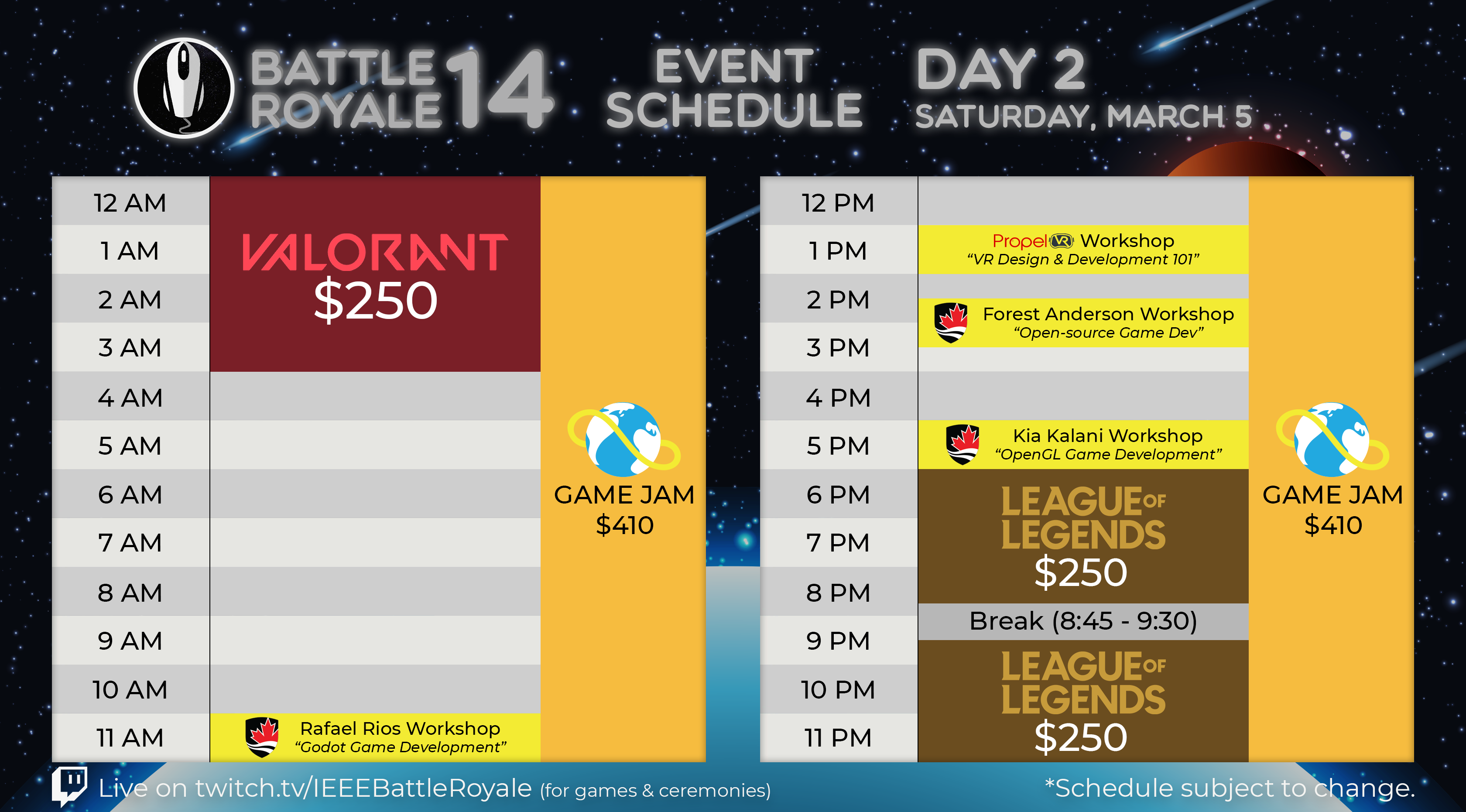 Day 2 schedule. Click the button below for spreadsheet.