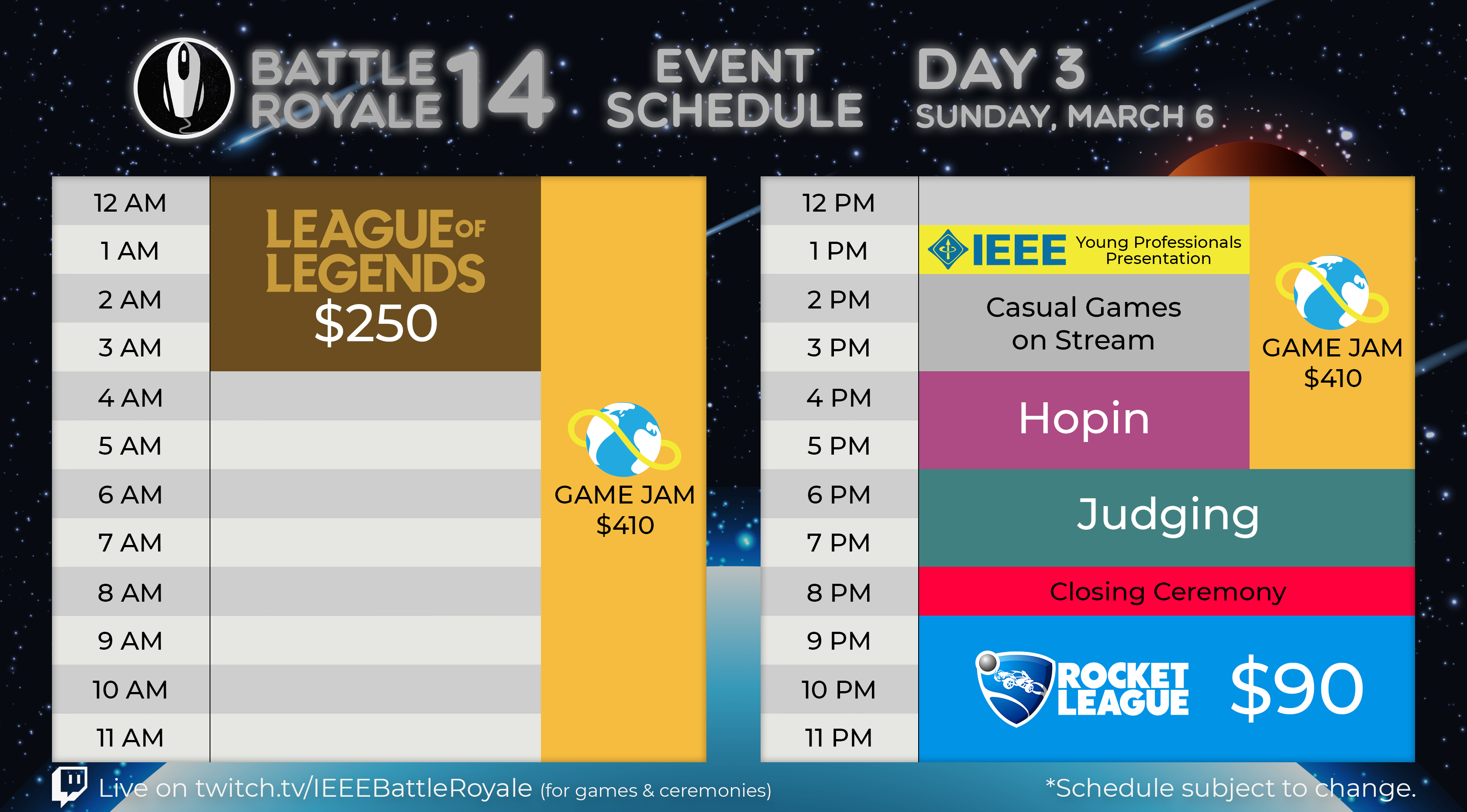 Day 3 schedule. Click the button below for spreadsheet.